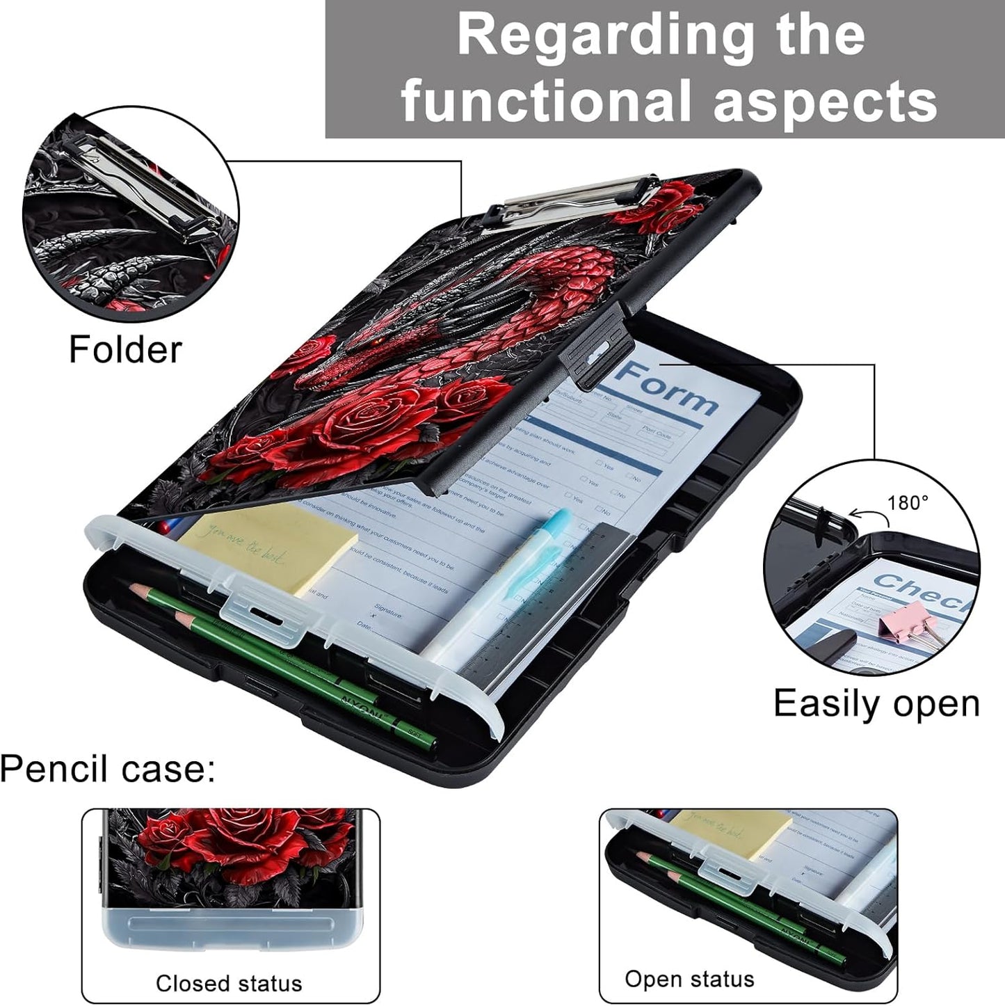 Clipboard with Storage - Large Capacity,Nursing Clipboard with Pen Holder,Heavy Duty,Plastic Side-Opening Folder for Teacher,Nurse - Dragon with Red Roses