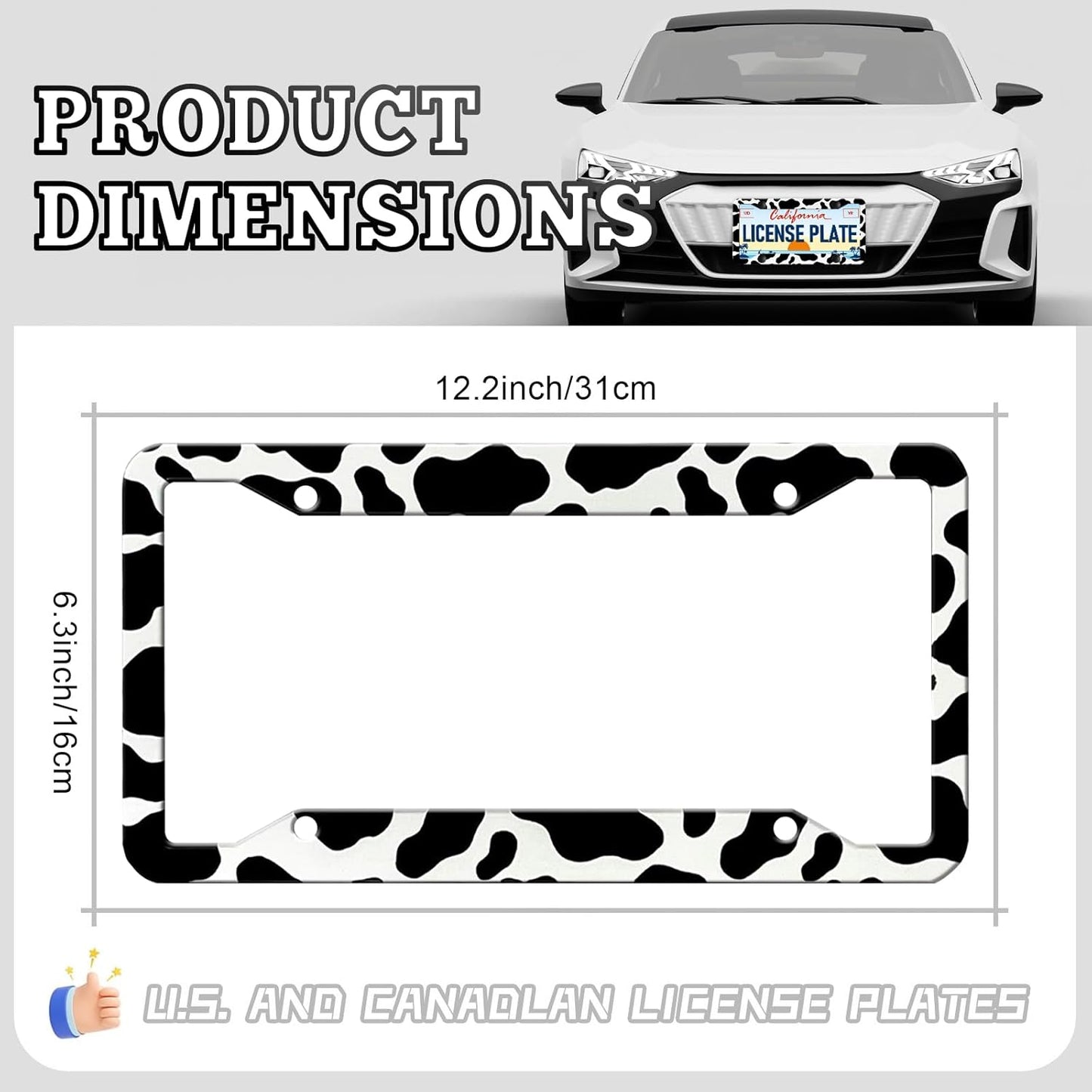 Cow Print License Plate Frames - 2 Pack Cow Cute Animal Black White Spot License Plates Holder Covers, Aluminum Metal Rust-Proof Waterproof Car Tag Frame with Screws Fasteners Caps
