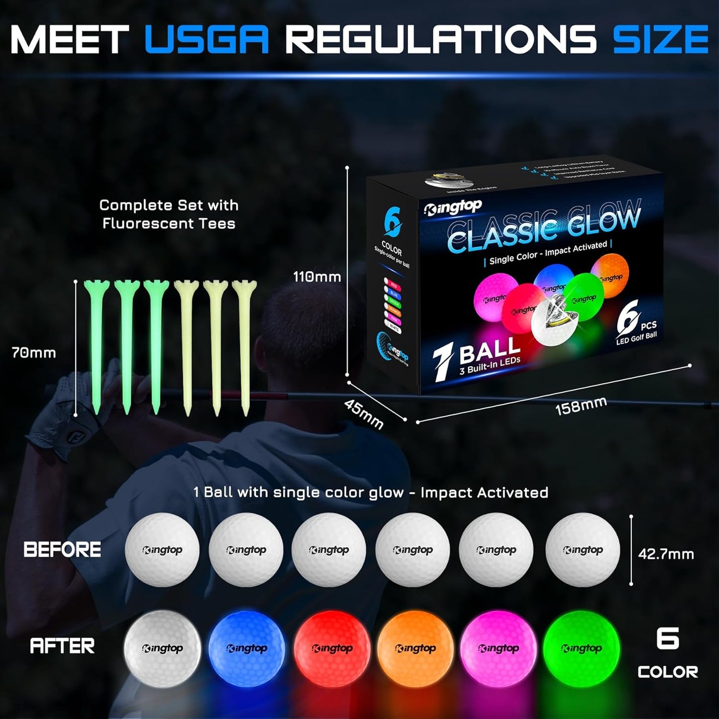 KINGTOP Upgraded Glow in The Dark Golf Balls - Super Bright Light Up LED Golf Ball - with Glow Golf Tees and Storage Bag - Fun Night Golfing Gift for Men and Women | Backyard Putting Greens