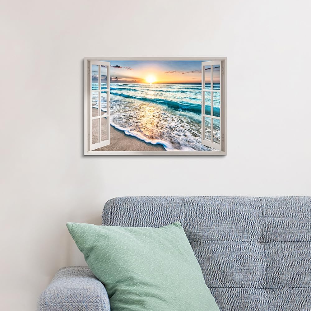 beach canvas window wall art: beach picture coastal artwork seascape ocean scene prints - looking out fake window wall decor for bathroom 12"x16"