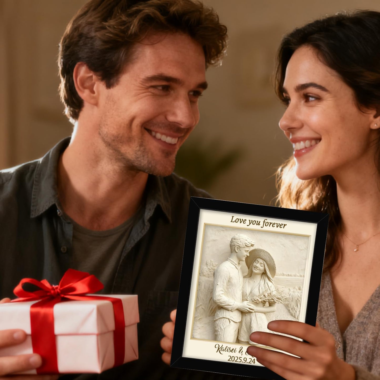 Personalized Couple Photo Frame Ornament Custom Name 2D Wood Desk Picture Frame Decor Gift for Men Women Family Couple Lover Birthday Xmas Anniversary (Style 18)