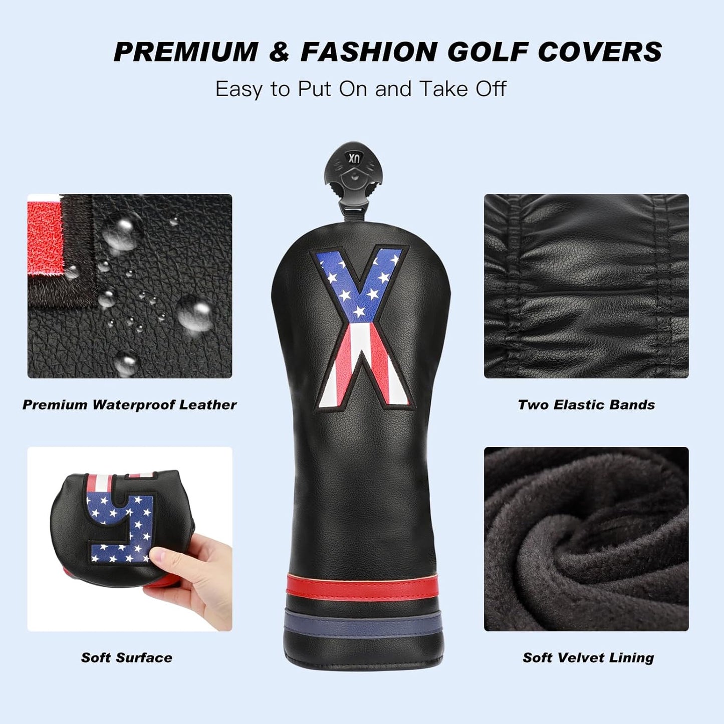 Golf Head Covers, 4pcs or 1pc USA Stars and Stripes Golf Club Covers for Woods and Driver Fairway Hybrid, PU Leather Golf Club Head Covers for Men Women with Interchangeable Tags, Fits Most Golf Clubs