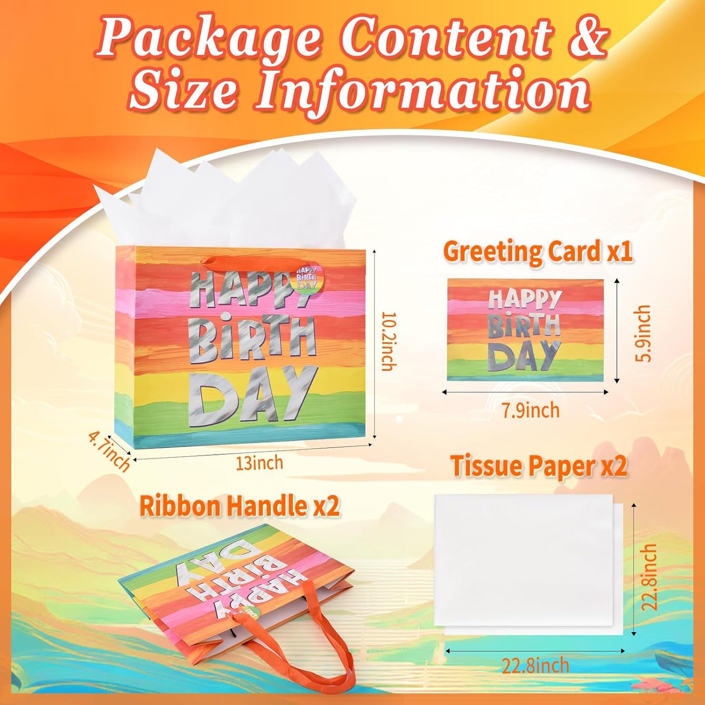 13" Colorful Happy Birthday Gift Bags with with Tissue Paper and Greeting Card for Party,Happy Birthday Gift Bag for Kids, Boys, Girls, Baby Boy,Men Women,Gift Bags Medium size (1 PCS Colorful)