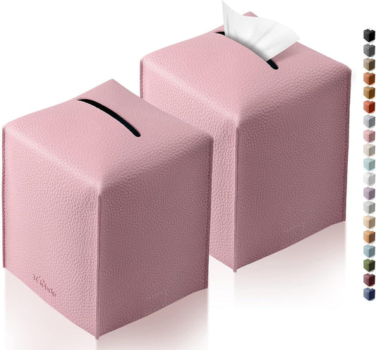 Tissue Box Cover for PU Leather, Modern Simple Solid Color Holder Square Tissue Bag, Ideal for Bathrooms,Office,Car,Nightstand,Outdoor Tent,Dining Table,5"X5"X5", Double Pink