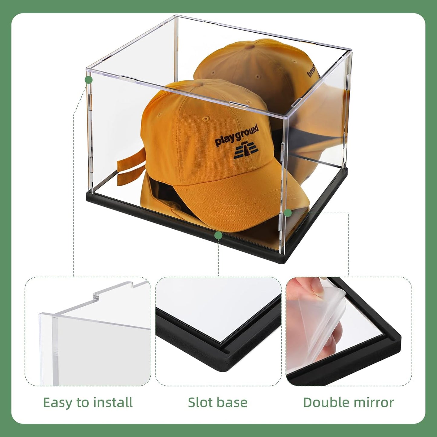 Hat Display Case Mirror Background and Base,Clear Acrylic Baseball Cap Display Box Stand,UV Protection Signed Hat Transparent Showcase Football,Snapback Caps,Ideal Gift for Caps Collector