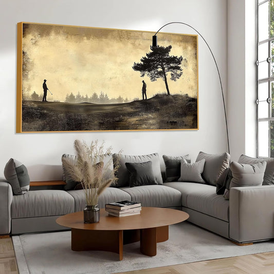 Vintage Golfers Landscape Wall Art, Golf Canvas Print, Golfers Picture Artwork for Wall, Rustic Wall Art, Horizontal Wall Decor, Vintage Sports Poster, Gift for Dad, Man Cave Decor (Gold Framed, 39"x19"|100x50cm)