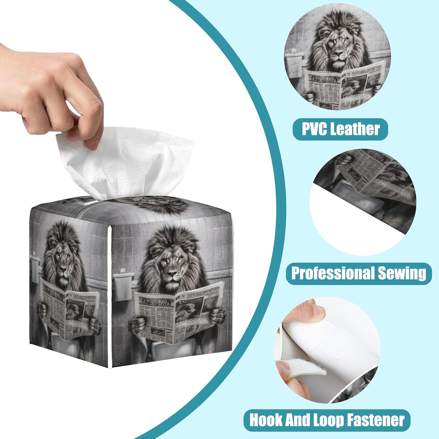 Lion Sit on Toilet Tissue Box Cover,Tissue Box Holder Square with Bottom Belt,Waterproof Leather Organizer Portable Decorative Facial Paper for Bedroom Dresser Night Stand Office,5.2" x 5.2" x 5.2"