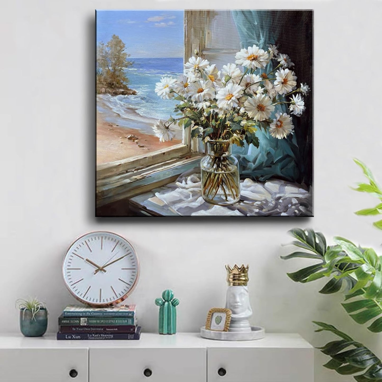 Bathroom Wall Decor White Flowers Canvas Wall Art Print Blue Beach Picture Ocean Modern Poster Coastal Seascape Painting Floral Daisy Artwork for Office Bedroom 14"x14"