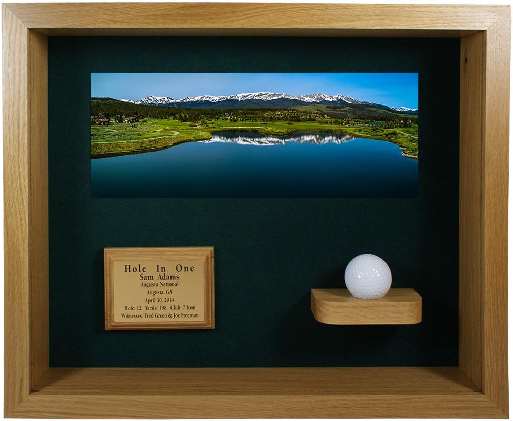 Hole in One Shadowbox and Golf Ball Display Case | Personalized Engraved Plate | Holds Golf Ball and Scorecard or Photo | Horizontal Layout | Oak Finish | Wall Mounted