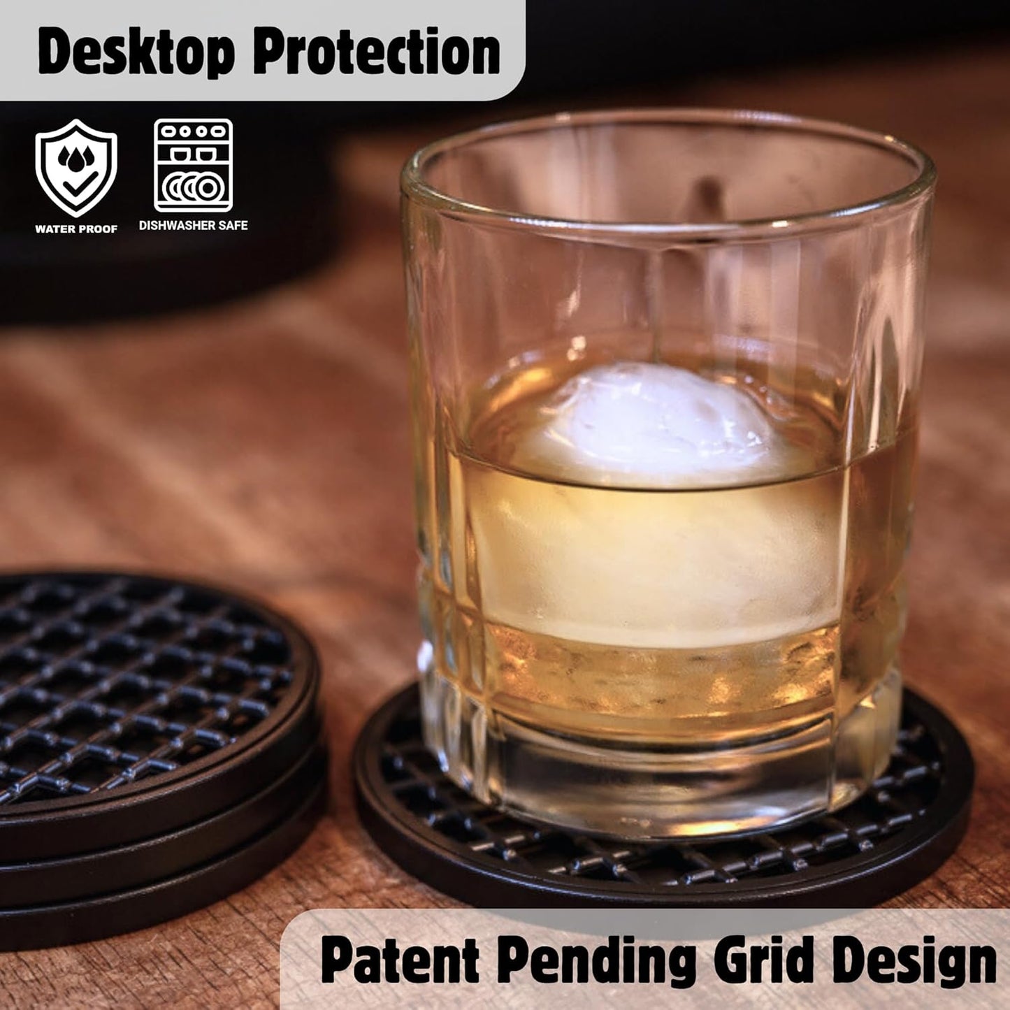 Ultimate Drink Coasters with Holder,[4 Pack] Drinking Coasters - Cup Coaster for Hot or Cold Drinks, Durable, Non-Slip, Non-Stick, Black (White)