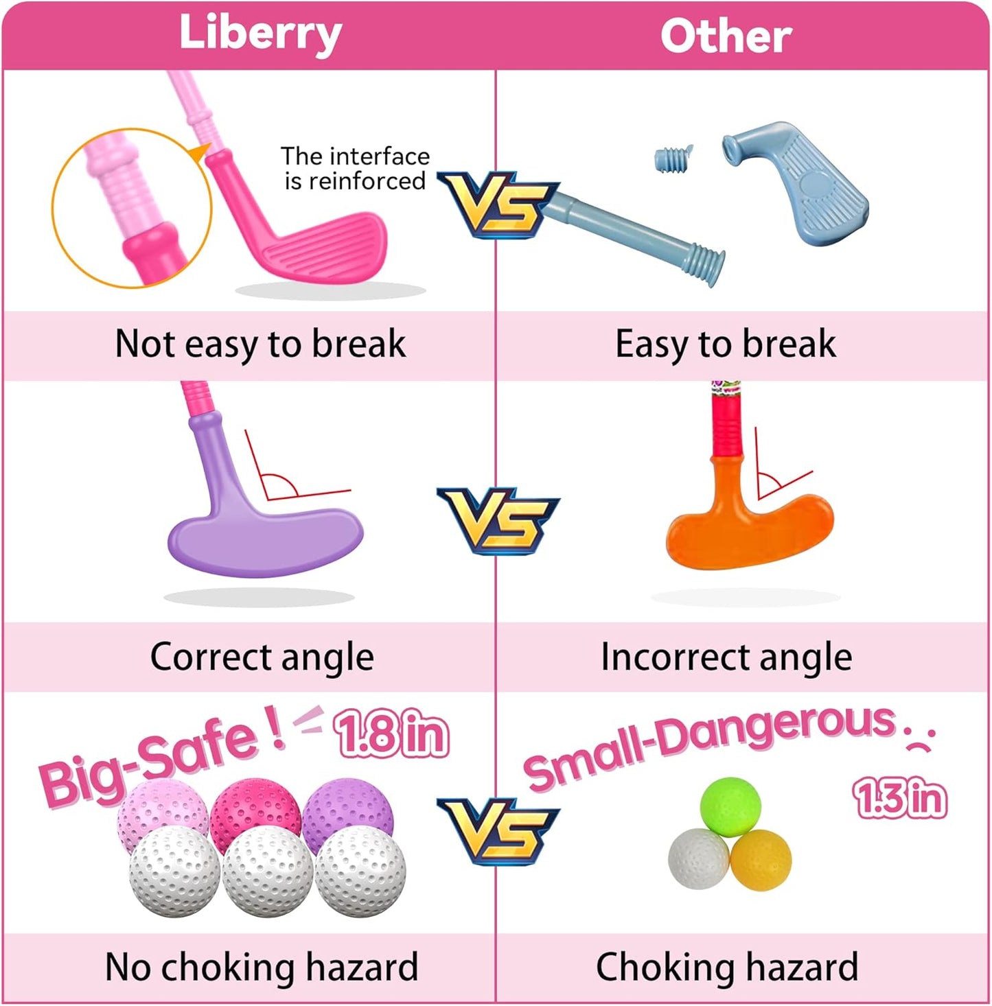 Liberry Toddler Golf Set for 1 2 3 4 Years Old, Upgraded Kids Golf Cart with Unique Shoulder Strap Design, Indoor and Outdoor Golf Toys for Boys Girls (Pink)