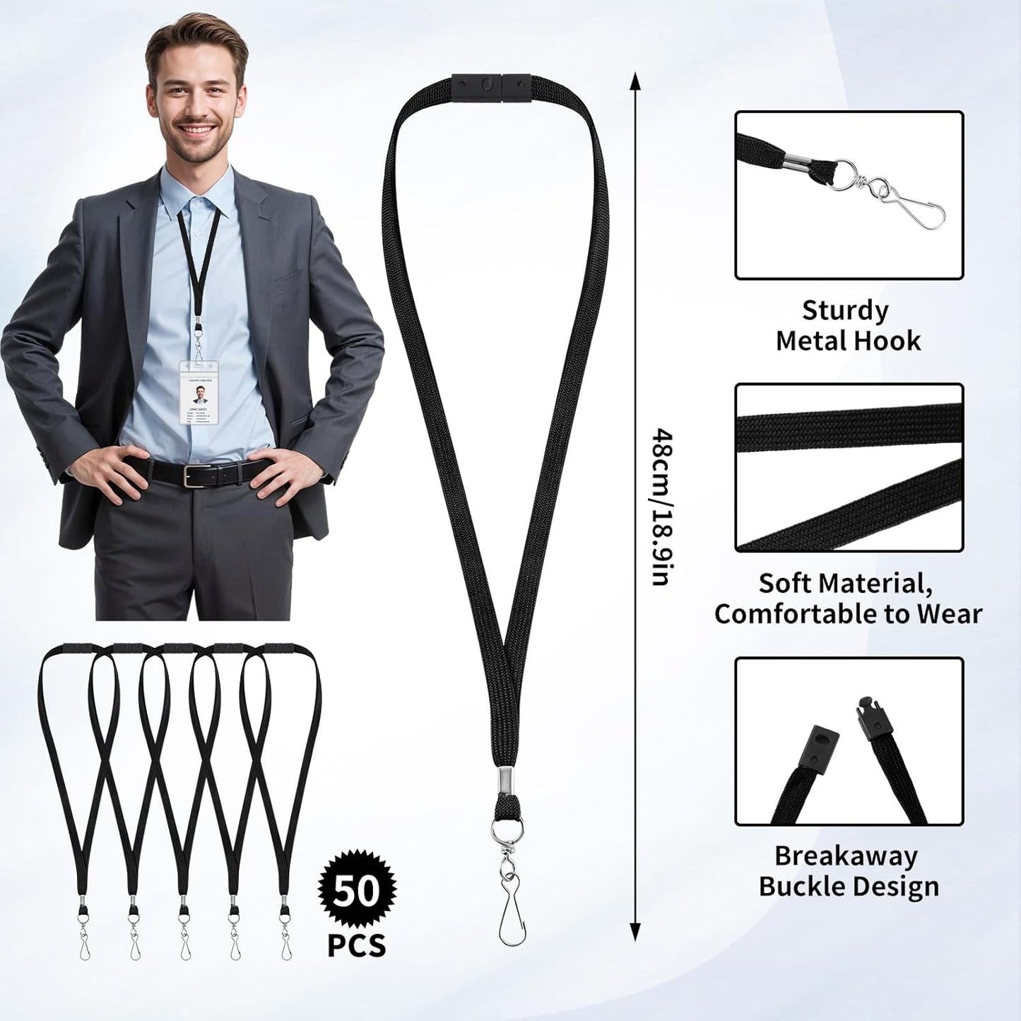 50 Pcs Breakaway Lanyard for Id Badges Lanyards Break Away Safety Lanyard Teacher Volunteer Student Team Lanyards for Keys (Black)