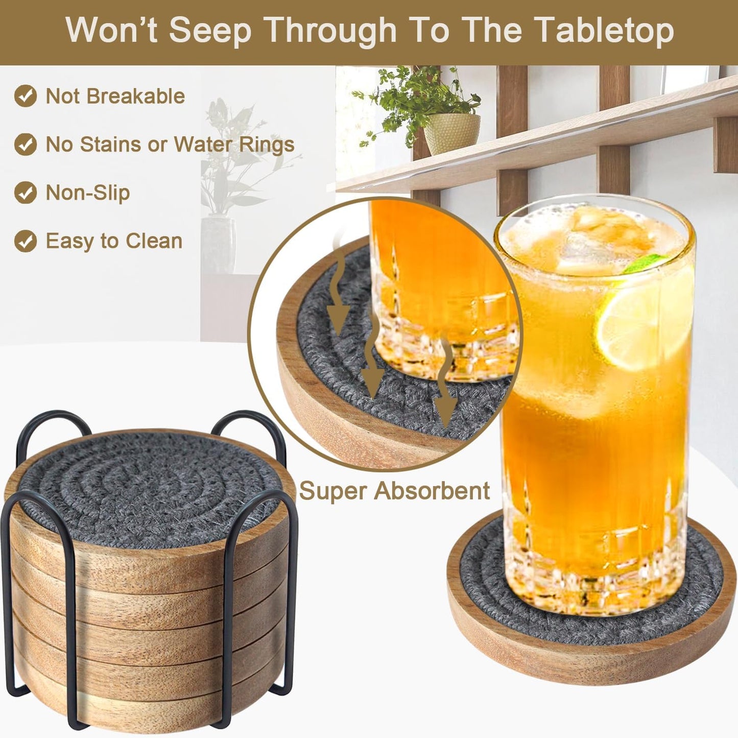 6 Pack Coasters for Drinks Absorbent, 4.3 inches Cork Coasters for Coffee Tables, Wooden Drink Coasters for Table Protection, Cute Coasters for Kitchen, Farmhouse, Bar, and Office (Dark Gray)