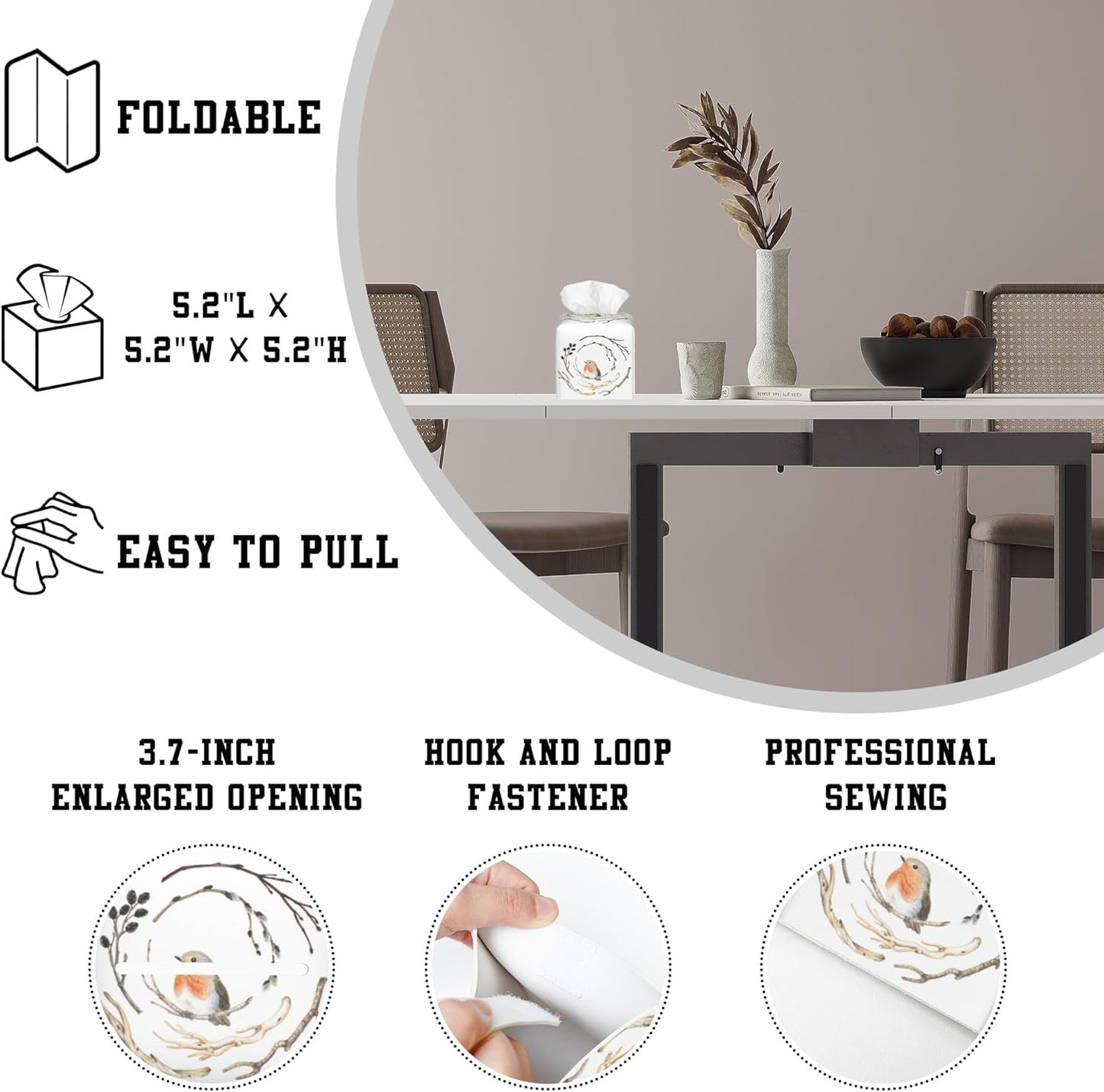 Watercolor Bird on Branches Tissue Box Cover Square, Tissue Box Holder Leather Facial Paper Case Decorative Organizer Holder Dispenser Home Office Car Decor