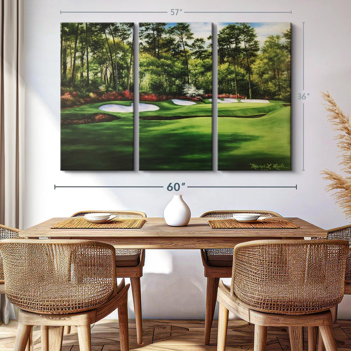 ElephantStock Augusta National 13th Hole I Wall Art - Horizontal Canvas - 3-Piece Living Room Wall Decor - Painting Sports Canvas Print - Green and Red Decor for Wall by Marci Rule - 57" X 36"