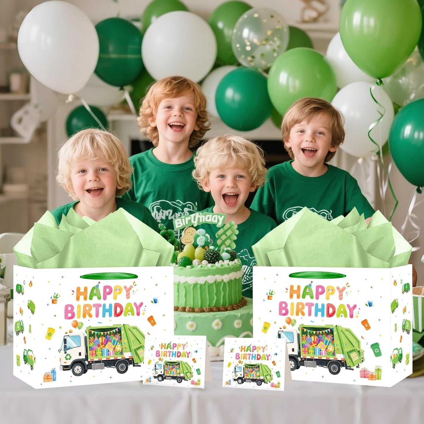 Trash Truck Birthday Decorations Gift Bags with Garbage Truck Wrapping Paper Greeting Card Goodie Bags for Trash Truck Garbage Birthday Party Baby Shower Decorations Supplies Decor Favors Boys Kids