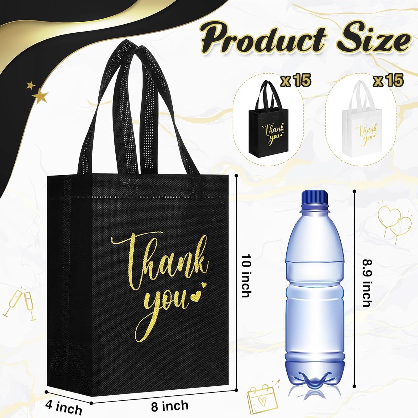 Sweetude 30 Pcs Thank You Gift Bags with Handles Bulk Reusable Goodie Bag Non Woven Foldable Handbag for Graduation Wedding Bridesmaid Gifts(10 x 8 x 4 Inch,Black, White)