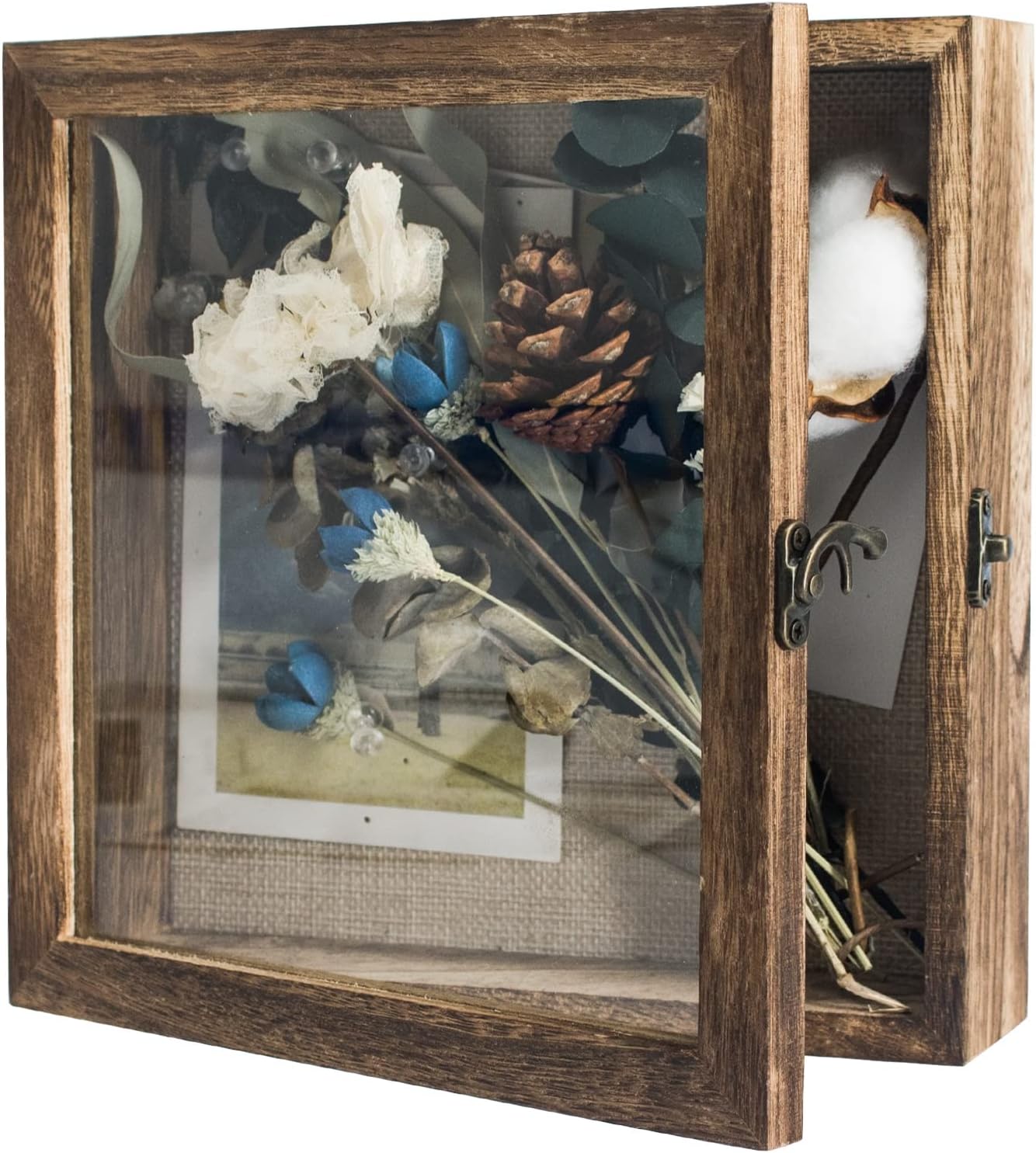 GraduatePro Shadow Box Frame 8x8 Display Case with Linen Back, Real Glass Window Door with Hinge, Picture Frame Wedding Bouquet Memorabilia Medals Photos Memory Box for Keepsakes, Carbonized Black