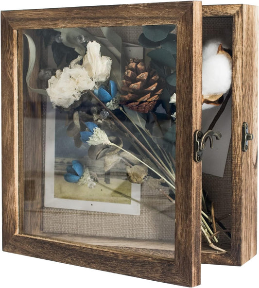 GraduatePro Shadow Box Frame 8x8 Display Case with Linen Back, Real Glass Window Door with Hinge, Picture Frame Wedding Bouquet Memorabilia Medals Photos Memory Box for Keepsakes, Carbonized Black