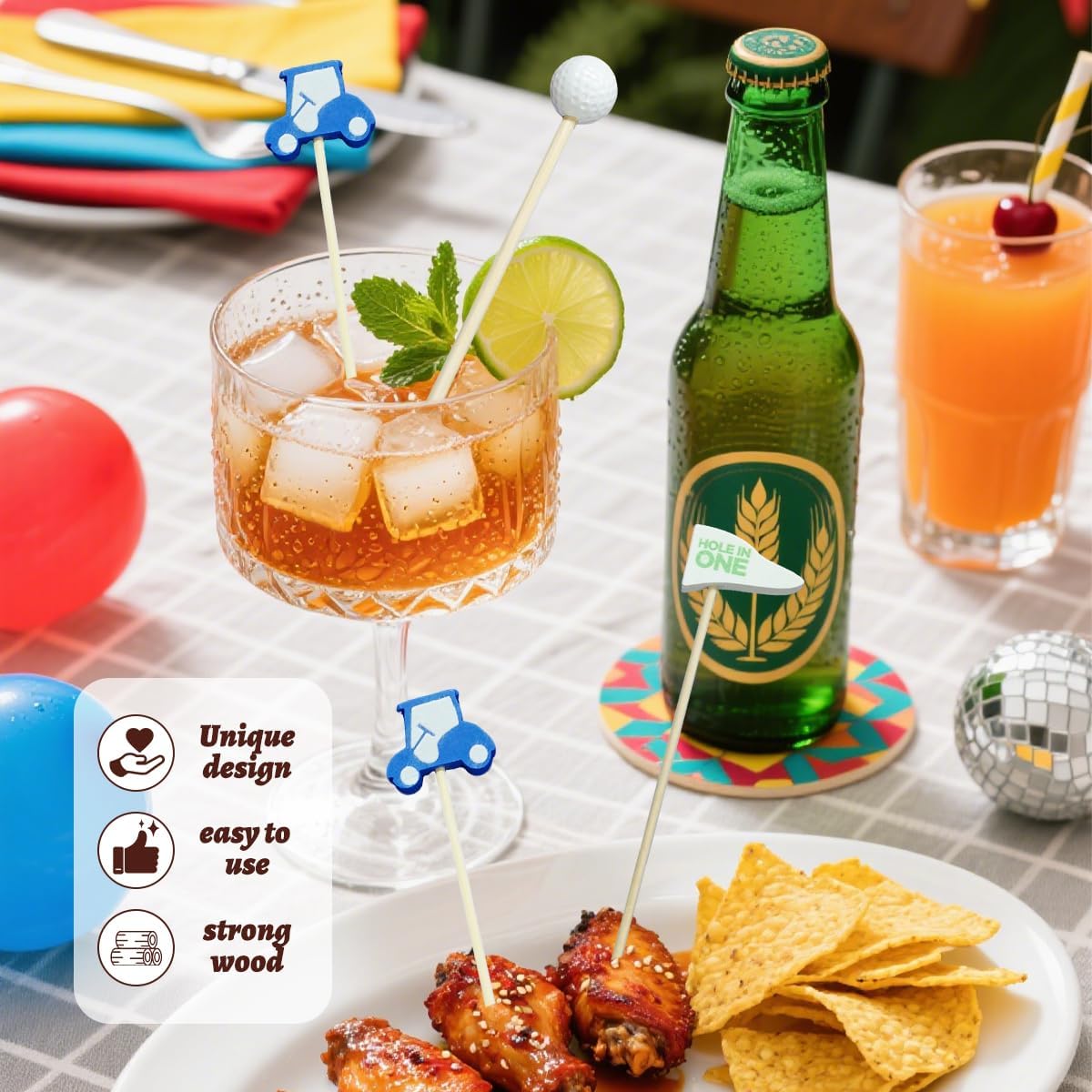 100 Pieces Golf Toothpicks 4.72 Inch Skewers Masters Golf party Decorations Picks Fruit Picks Decorative Toothpicks for Cocktail Sports Party Supplies (golf tooth+cart+flag)