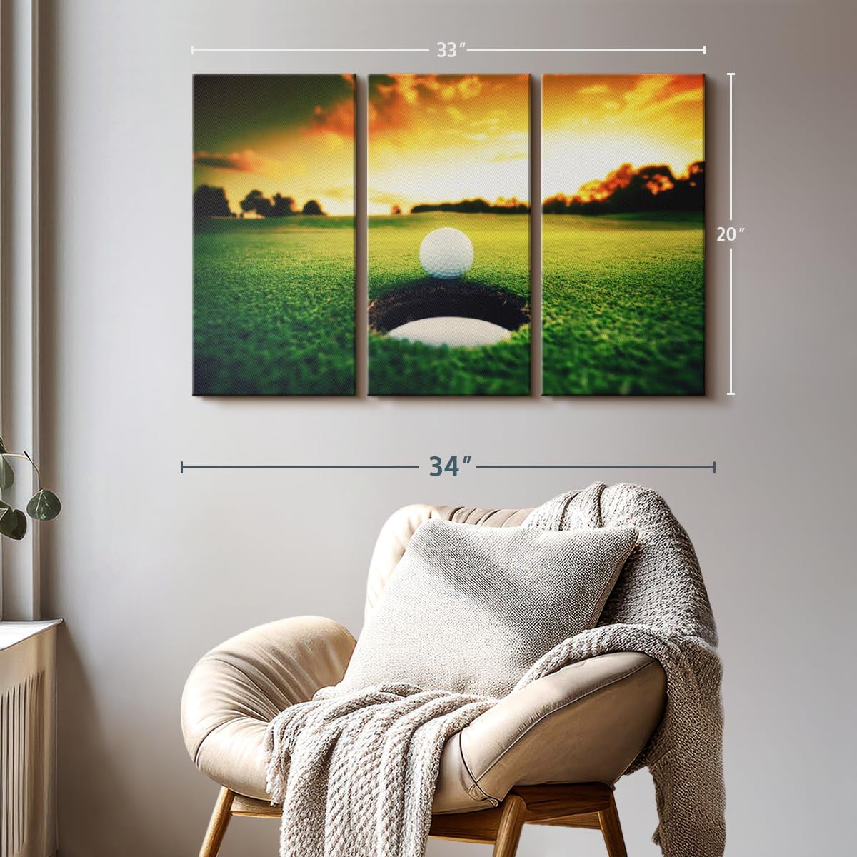 ElephantStock Golf Ball Wall Art - Horizontal Canvas - 3-Piece Living Room Wall Decor - Photography Sports Canvas Print - Orange and Yellow Decor for Wall - 33" X 20"