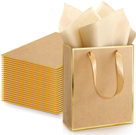 Yeaqee 24 Pack Metallic Paper Gift Bags with Handle and Tissue 9x7x3.1 Gold Foil Welcome Favor Bags Return Gifts for Wedding Fall 5 Senses Christmas Bridesmaid Birthday(Kraft, Gold)