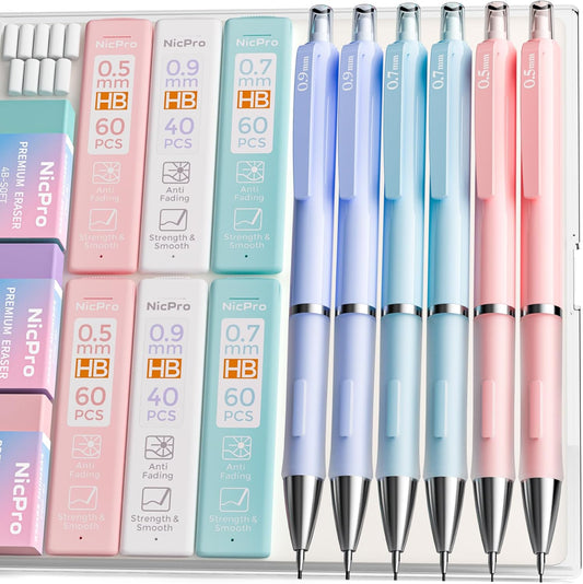 Nicpro 6PCS Pastel Mechanical Pencil Set, Cute Mechanical Pencils 0.5 mm & 0.7 mm & 0.9 mm with 360PCS HB Lead Refills, Eraser, Eraser Refill for Student Writing Drawing Sketching Drafting with Case