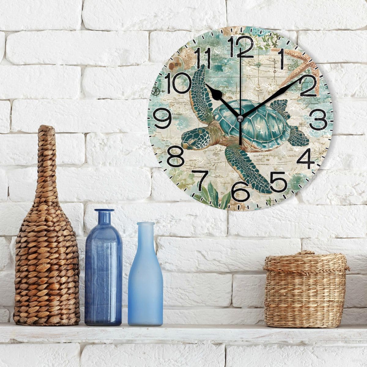 ALAZA Beautiful Sea Turtle Wall Clock Battery Operated Non Ticking Silent Quartz Analog Rustic Farmhouse Round Clock Retro Decor for Home Kitchen Living Room Bathroom