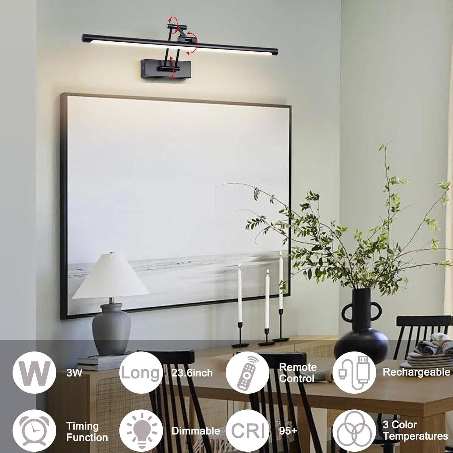 LED Battery Operated Picture Lights with Remote Wireless Art Lighting for Wall 23.6 Inch Rechargeable Painting Light Black Frame Lights Dimmable 3CCT Gallery Light for Library Portrait