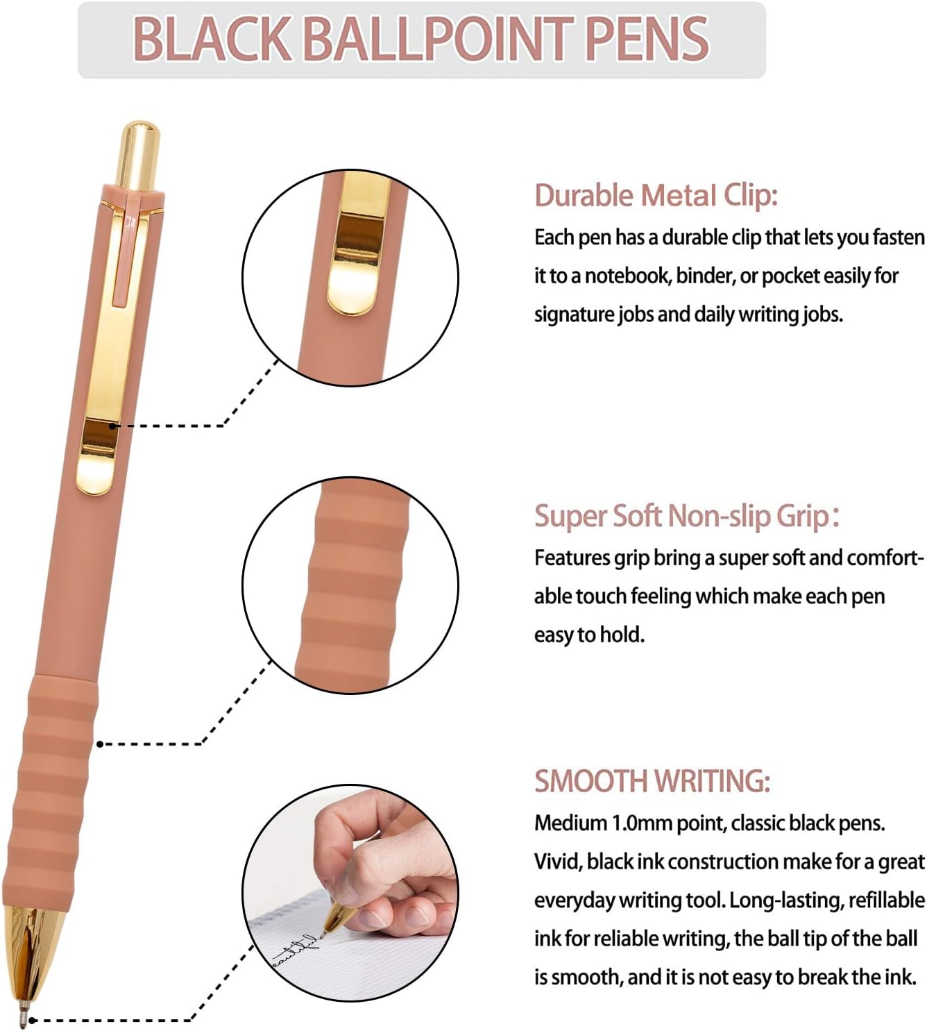 Linbsunne Ballpoint Pens Black Medium Point 1mm with Super Soft Grip Ball Point Pen for Men Women Retractable(style2, 12 pcs)