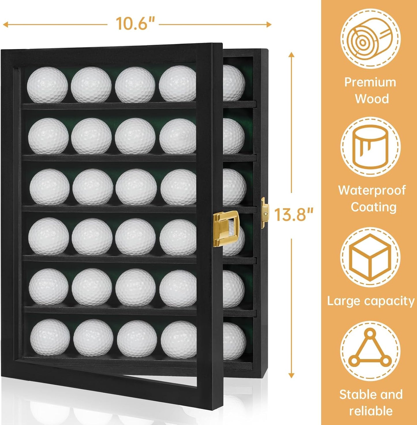 Golf Ball Display Case, Solid Wood Golf Ball Holder, Wall Mounted Golf Ball Rack with Acrylic Door for Golf Enthusiasts (Black, for 30 Golf Balls)