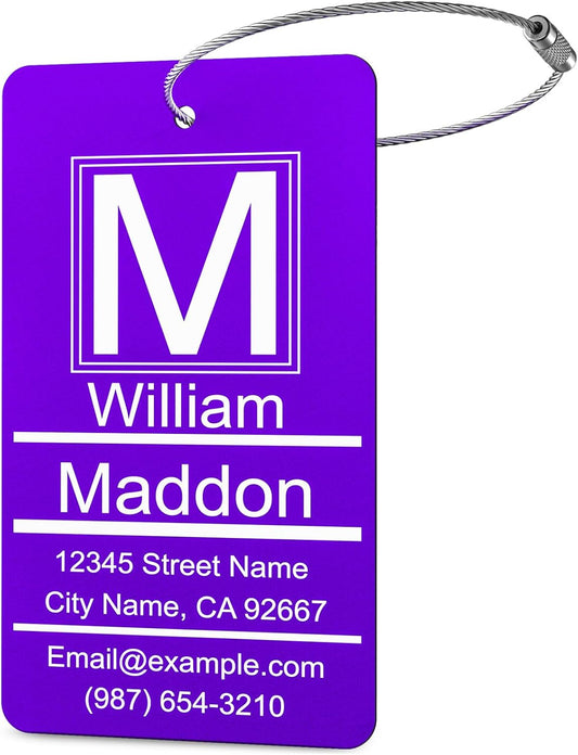 Luggage Tags for Suitcase - Personalized Engraved Metal Tag for Cruise Travel Purple - Custom Name Tags Suitable for Bags and Backpacks