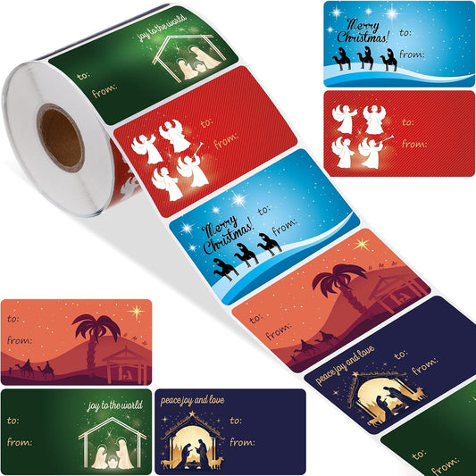 Outus 500 Pieces Christmas Tags Self Adhesive Gift Tags for Xmas Presents Christmas Name Labels Stickers for Wrapping Paper Festival Birthday Holiday Decor(Jesus Style,2.76 x 1.57 Inch)