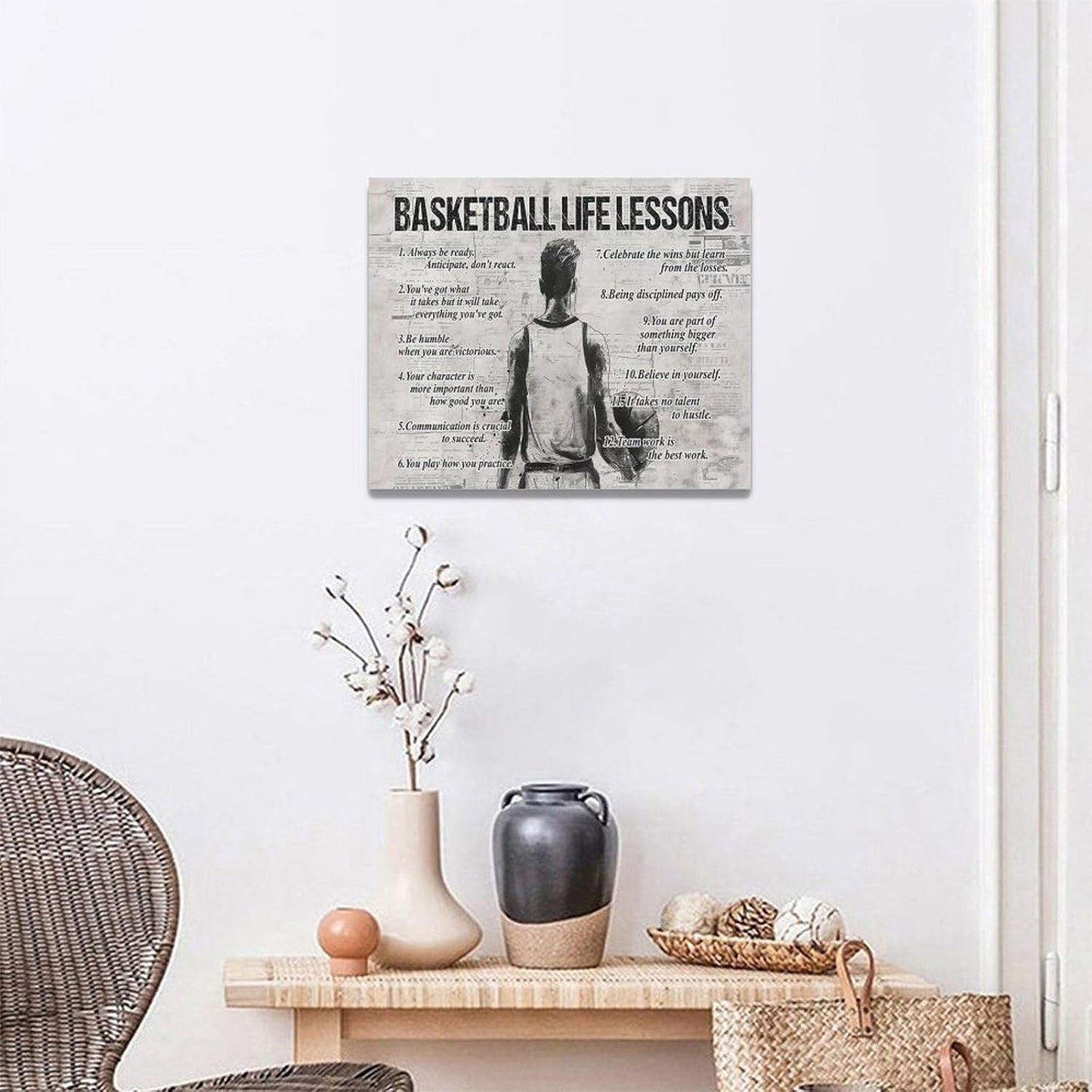 Basketball Sports Wall Art Basketball Life Lessons Wall Decor Basketball Sign Retro Poster Boy Men Room Motivational Decorations Canvas Print Painting Artwork for Bedroom Bathroom Living Room 20"x16"