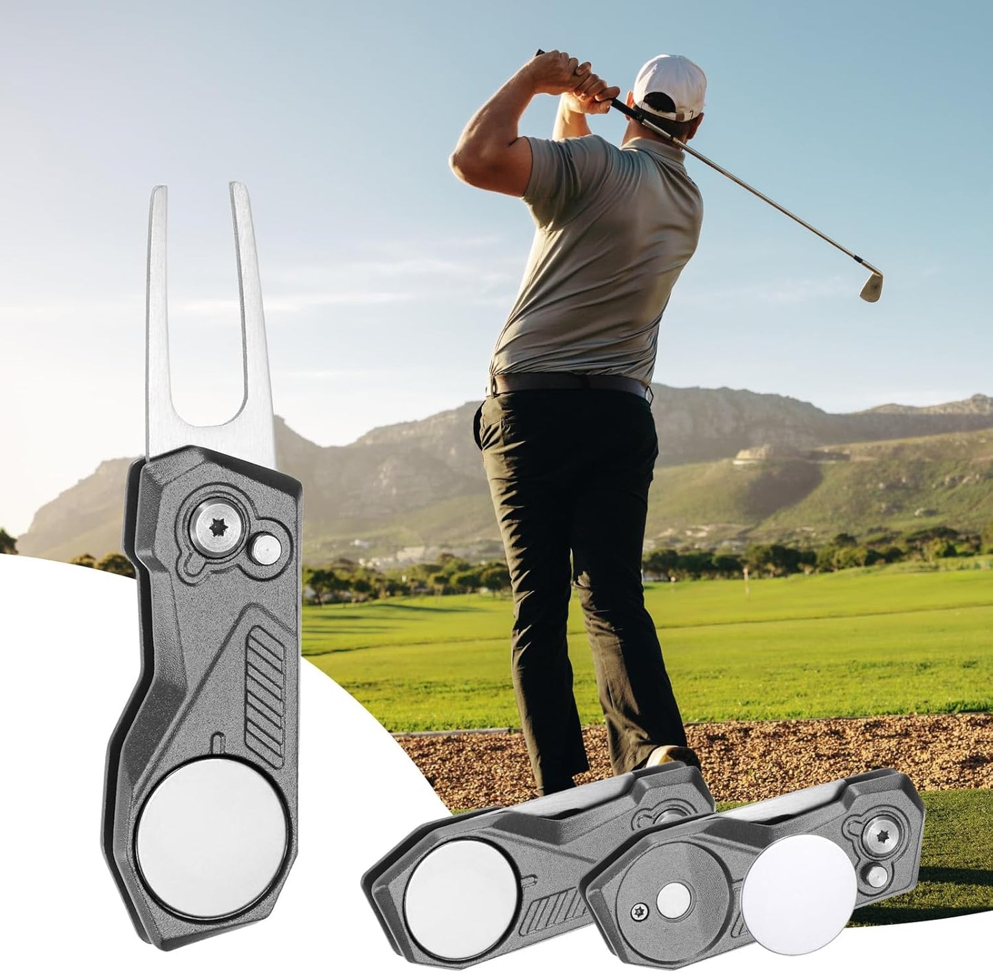 Golf Divot Repair Tool- Switch Foldable Divot Tool with Magnetic Ball Marker & Open Button Use for Golf Accessories