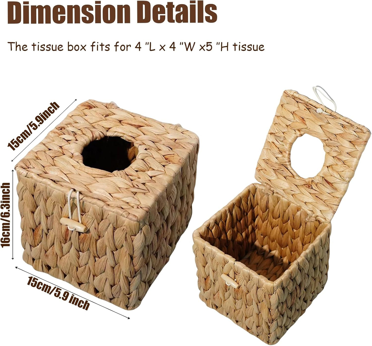 PINXIURY Tissue Box Cover Square Handwoven Rattan Tissue Box Holder, Natural Handmade, Boho Decorative Handcrafted Square Facial Tissue Holder with Lid, Rustic Decorative on Table and Bathroom, Office