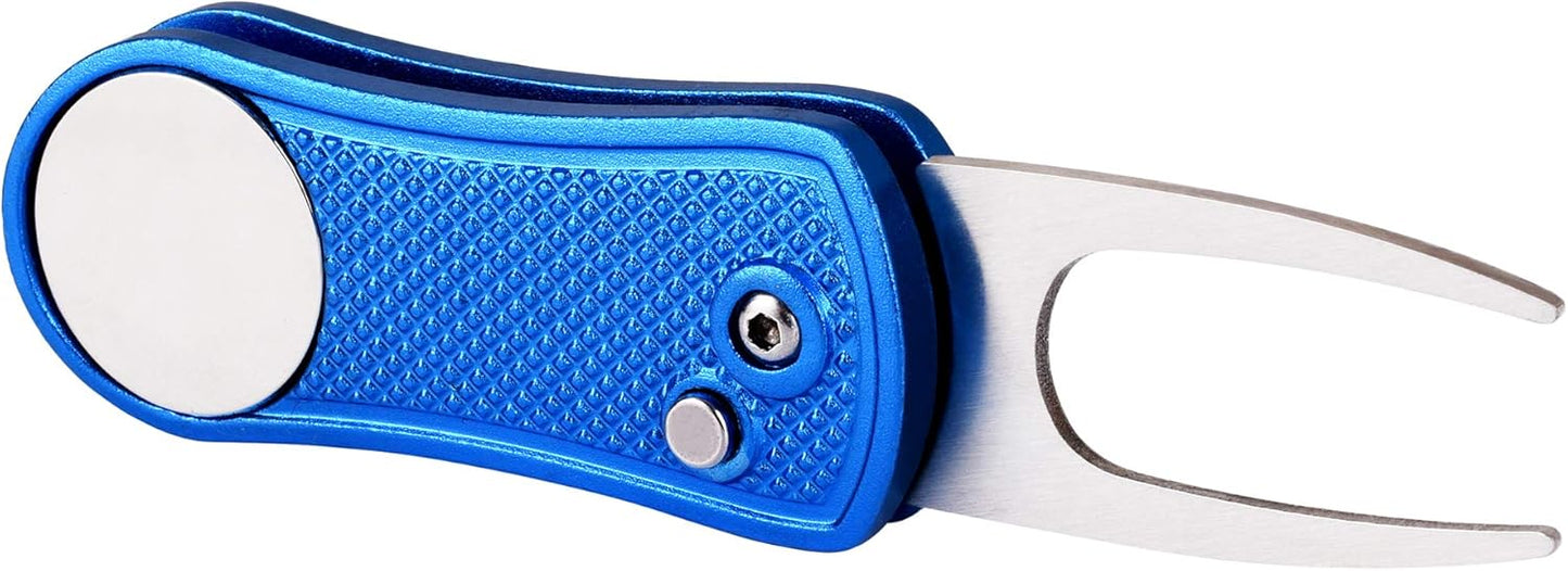 Mile High Life Golf Divot Repair Tool, All Metal Foldable Divot Tool with Pop-up Button & Magnetic Ball Marker