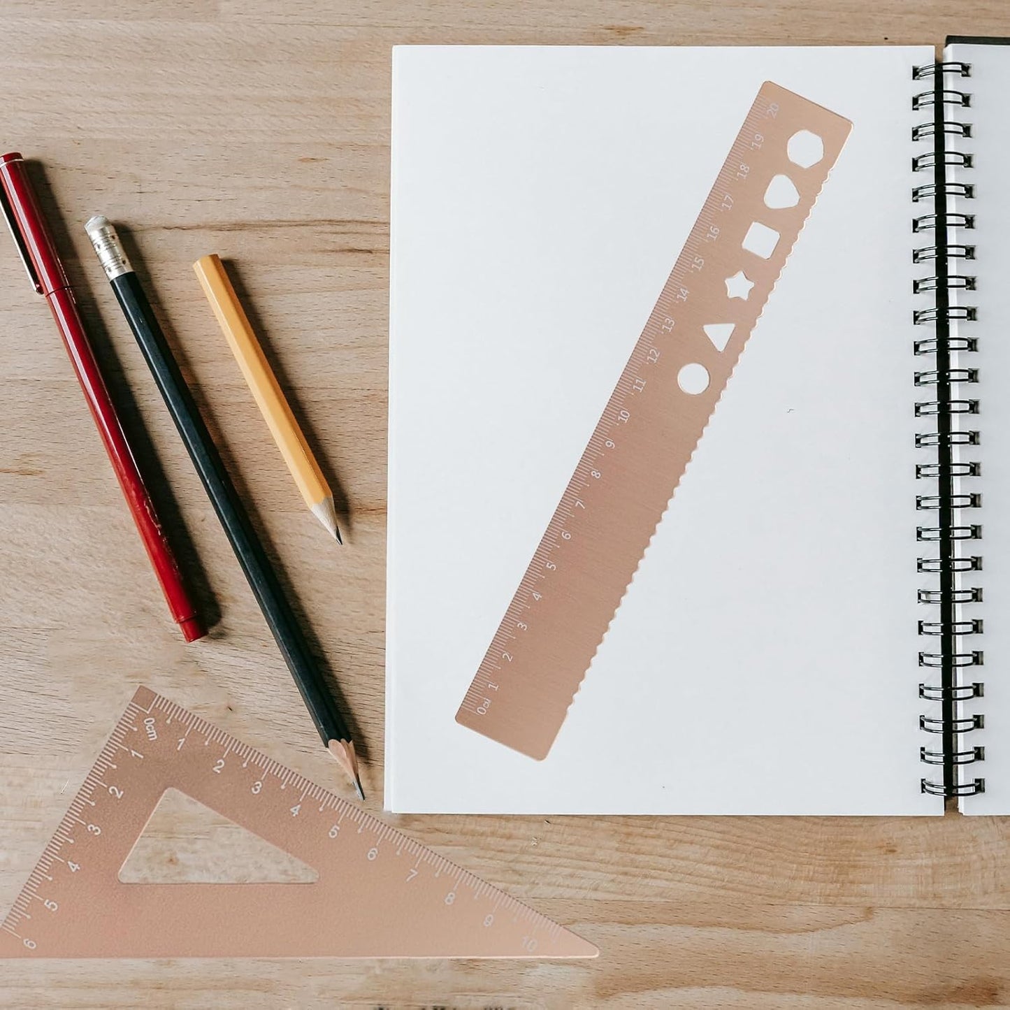 5 Pcs Metal Geometry Set, Math Drafting Ruler Kit- Aluminum Triangle Rulers, Protractor, 8 Inch and 6 Inch Drawing Ruler, Measuring Tool for School and Office (Metric and Inch, Gold)