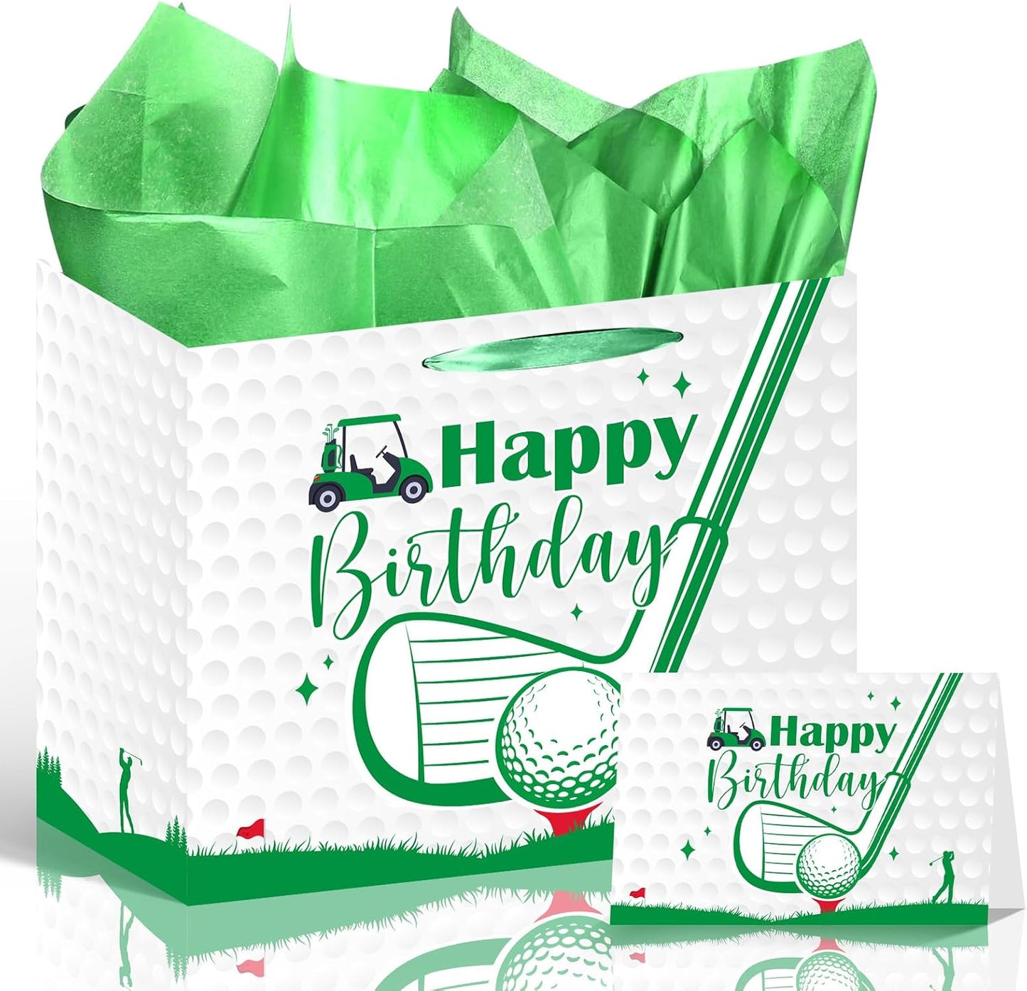 Luvsweets Golf Birthday Gift Bag - Green Gift Wrapping Bag with Tissue Paper and Greeting Card for Men Boys, Golf Party Favors, Sports Themed Birthday Decorations Supplies