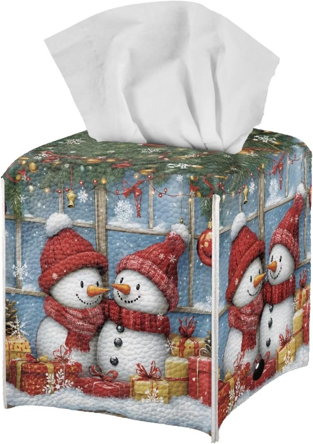 Christmas Tissue Box Cover Square Leather Tissue Cover 5x5x5 inch Facial Paper Box Holder Xmas Decorations for Desk Bathroom Vanity Countertop