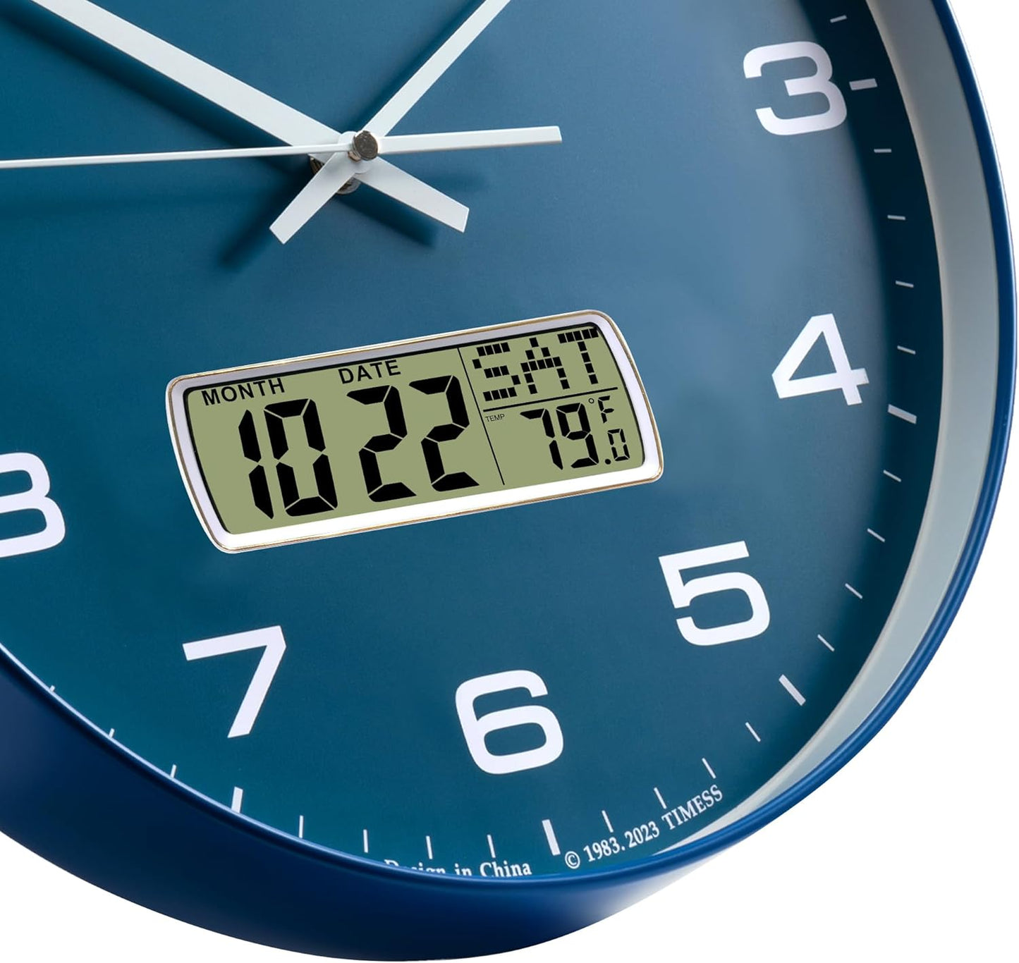 Wall Clock, 14" Large Dial Non-Ticking Silent Battery Operated Analog with LCD Display for Perpetual Calendar and F° Temperature, Ideal Modern Home, Bedroom, Kitchen, Office Decor (Blue)