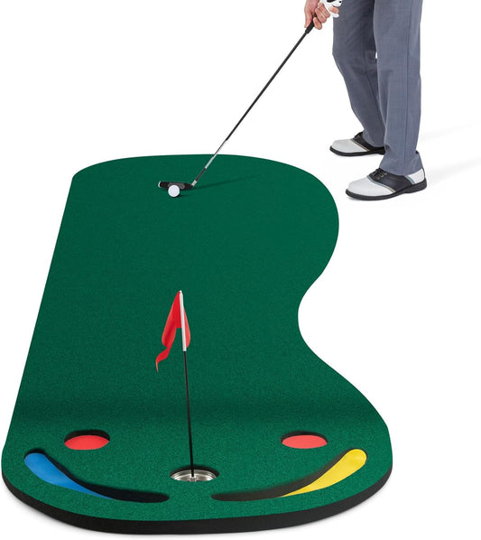 GYMAX Putting Green, 10 x 3 ft Par Three Putting Mat Set with 3 Putting Cups, 1 Flag and Golf Hole Covers, Putting Green Mat for Golf Training Practice Indoor/Outdoor, Garage, Backyard, Office