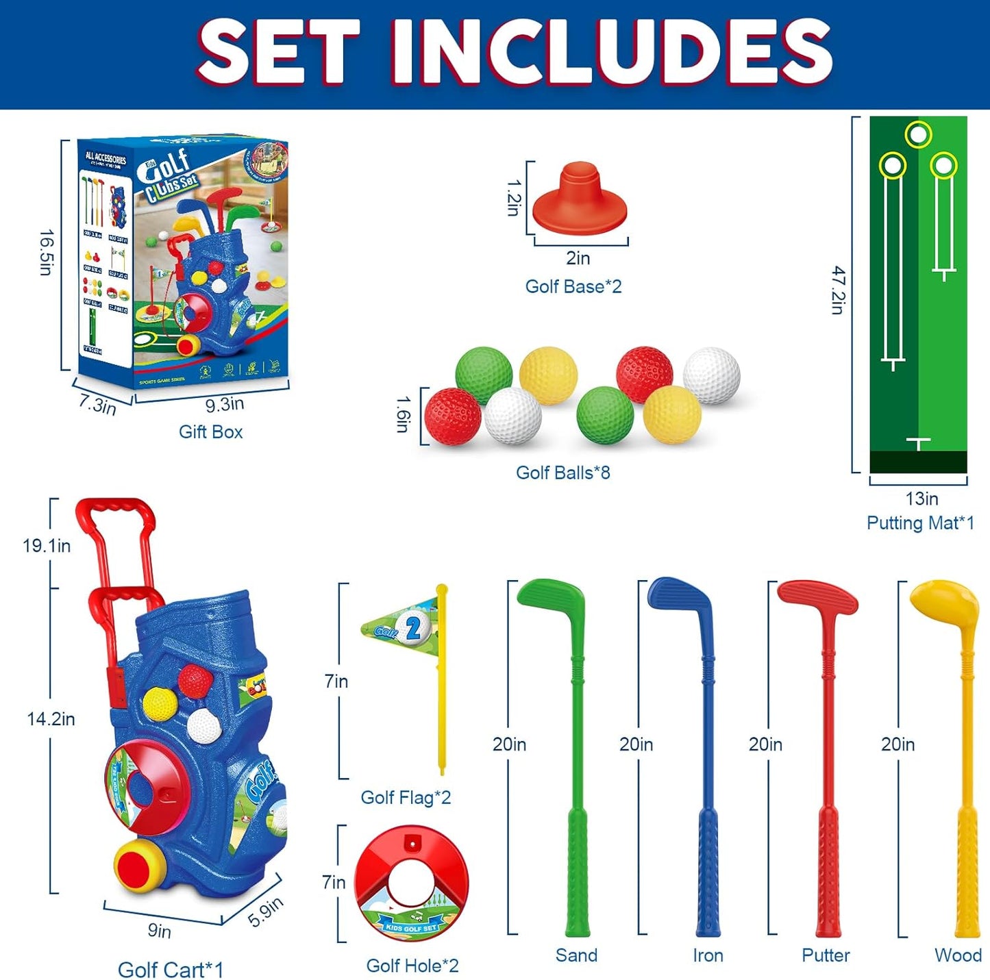 Letapapa Toddler Golf Set, Upgraded Kids Golf Clubs with Putting Mat, Toys for Boys 3 4 5+ Years Old, Indoor Outdoor Sports Golf Toys with 4 Clubs, 8 Balls, 2 Practice Holes, Shoulder Strap, 20 PCS