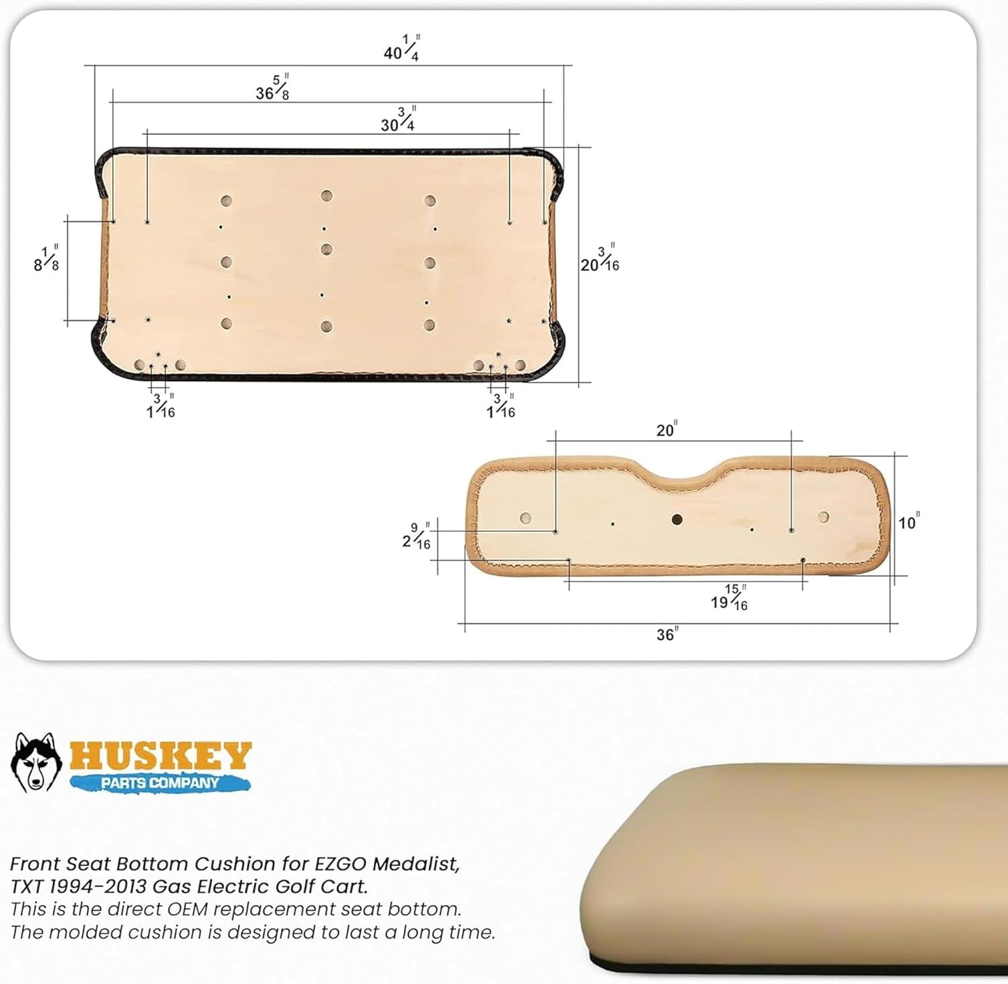Huskey Parts Company Golf Cart Seat Cushion, Tan Color Front Bottom Seat for EZGO Medalist, TXT 1994 to 2013, Golf Cart Front Seat Replacement with Mounting Hardware & Hinges