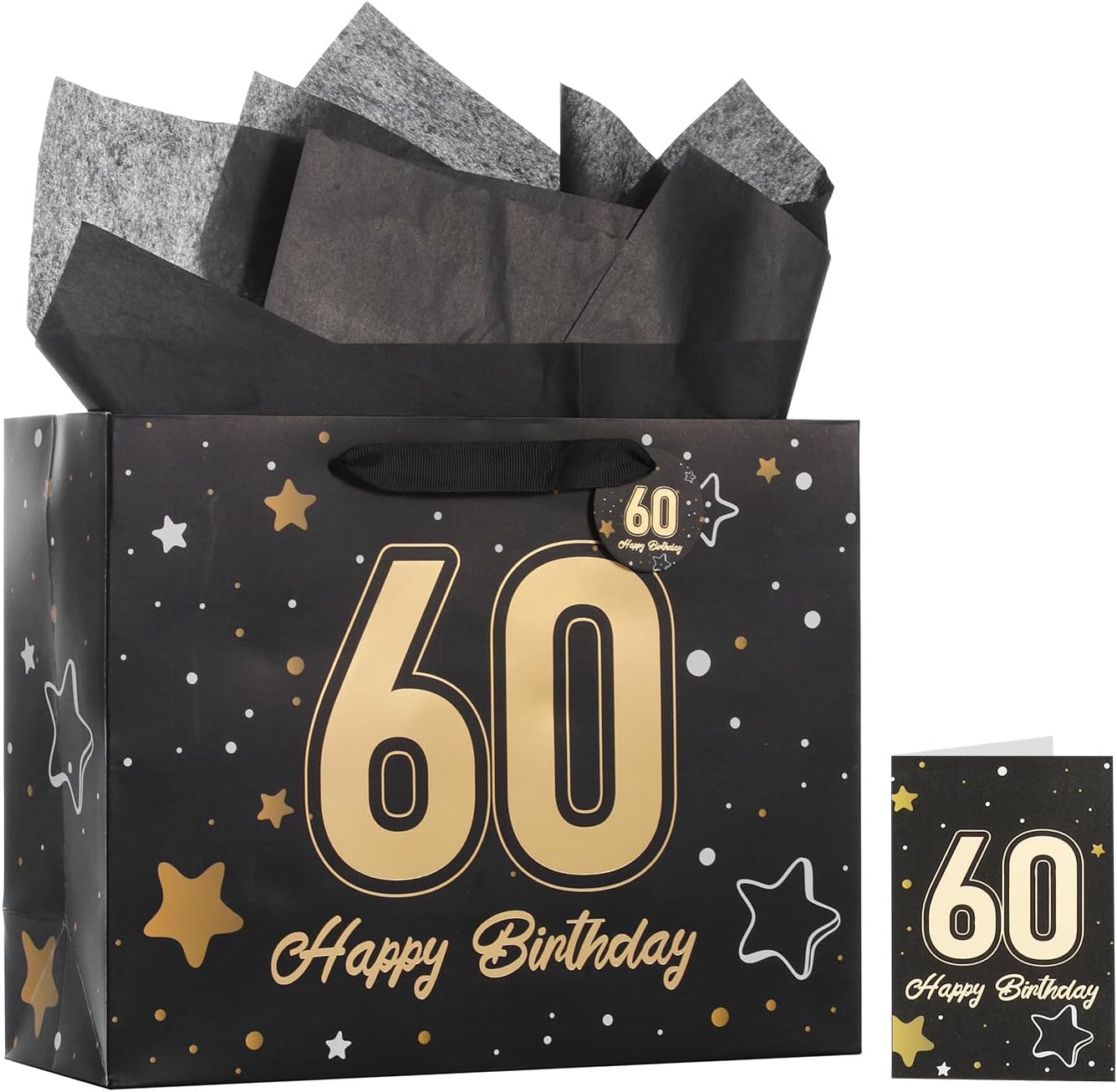 Powbrace 13" Black Happy Birthday Gift Bag with Tissue Paper and Greeting Card for Party,Happy Birthday Gift Bag for Men Women,Gift Bags Medium size(1 Black 60th)