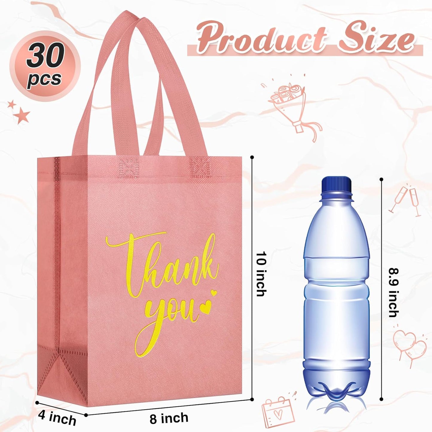 Sweetude 30 Pcs Thank You Gift Bags with Handles Bulk Reusable Goodie Bag Non Woven Foldable Handbag for Graduation Wedding Bridesmaid Gifts(10 x 8 x 4 Inch,Leather Pink)