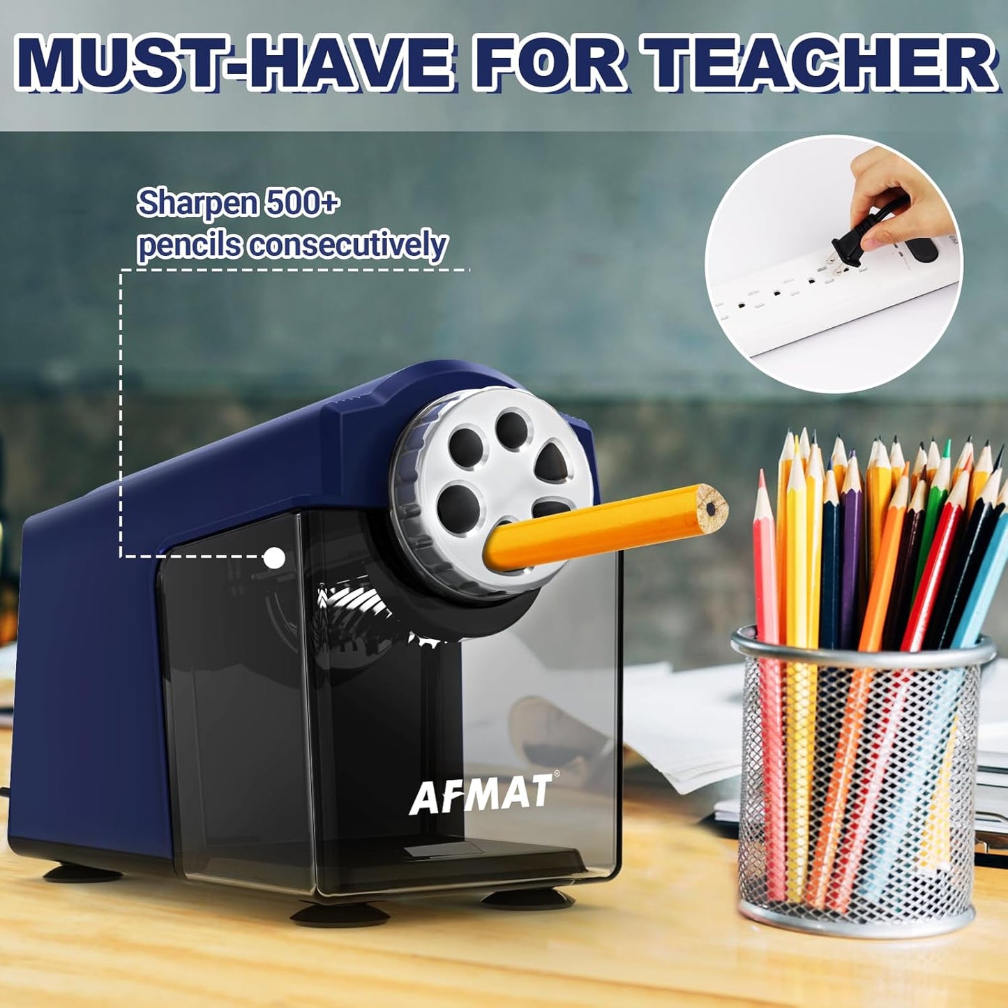 AFMAT PSX4 Electric Pencil Sharpener Heavy Duty, 6-Hole Classroom Pencil Sharpener for 6-11mm Pencils, Auto Stop Pencil Sharpeners Plug in, 10000 Sharpenings, Save Colored Pencils, Blue