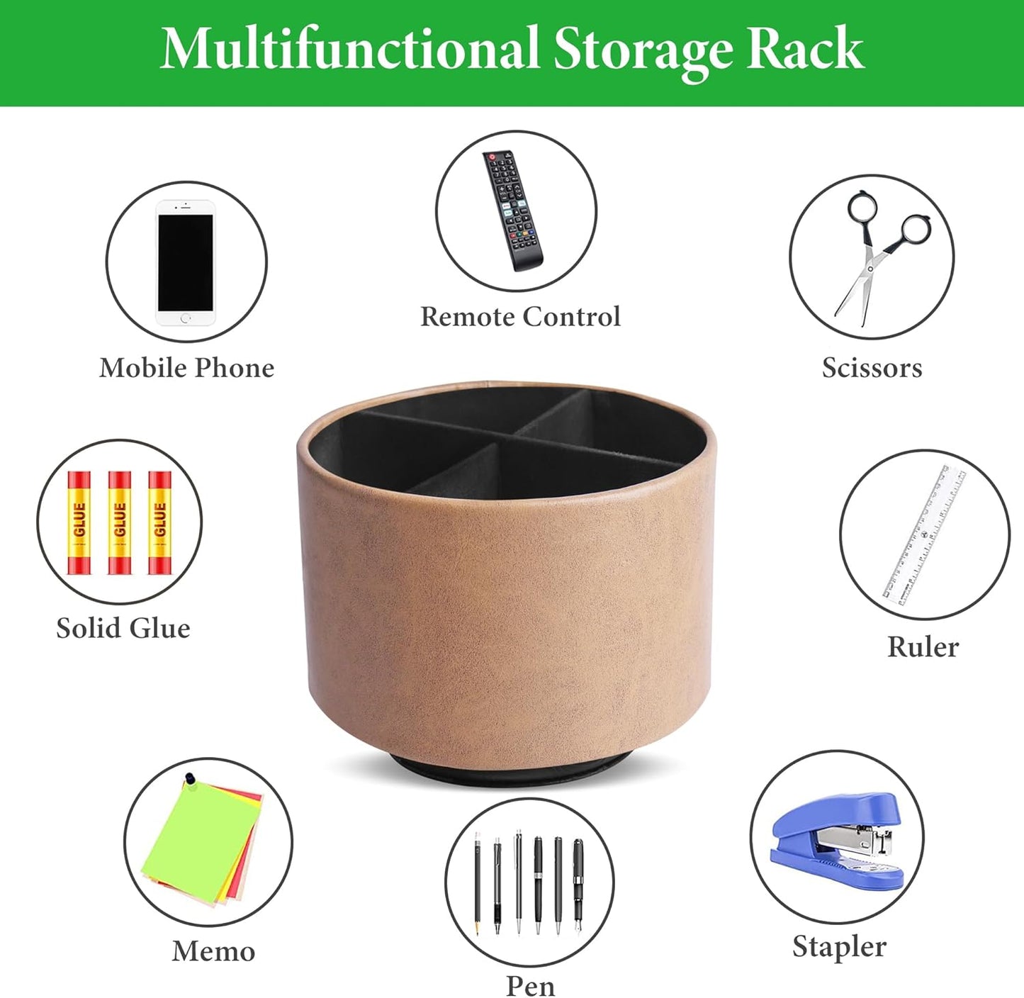 Hennaja Round Leather Art Supply Organizer,Remote Control Holder,360 Degree Spinning,Multi-Functional Pencil Holder,4 Compartments Desktop Stationary Organizer(1-Oil Yellow)