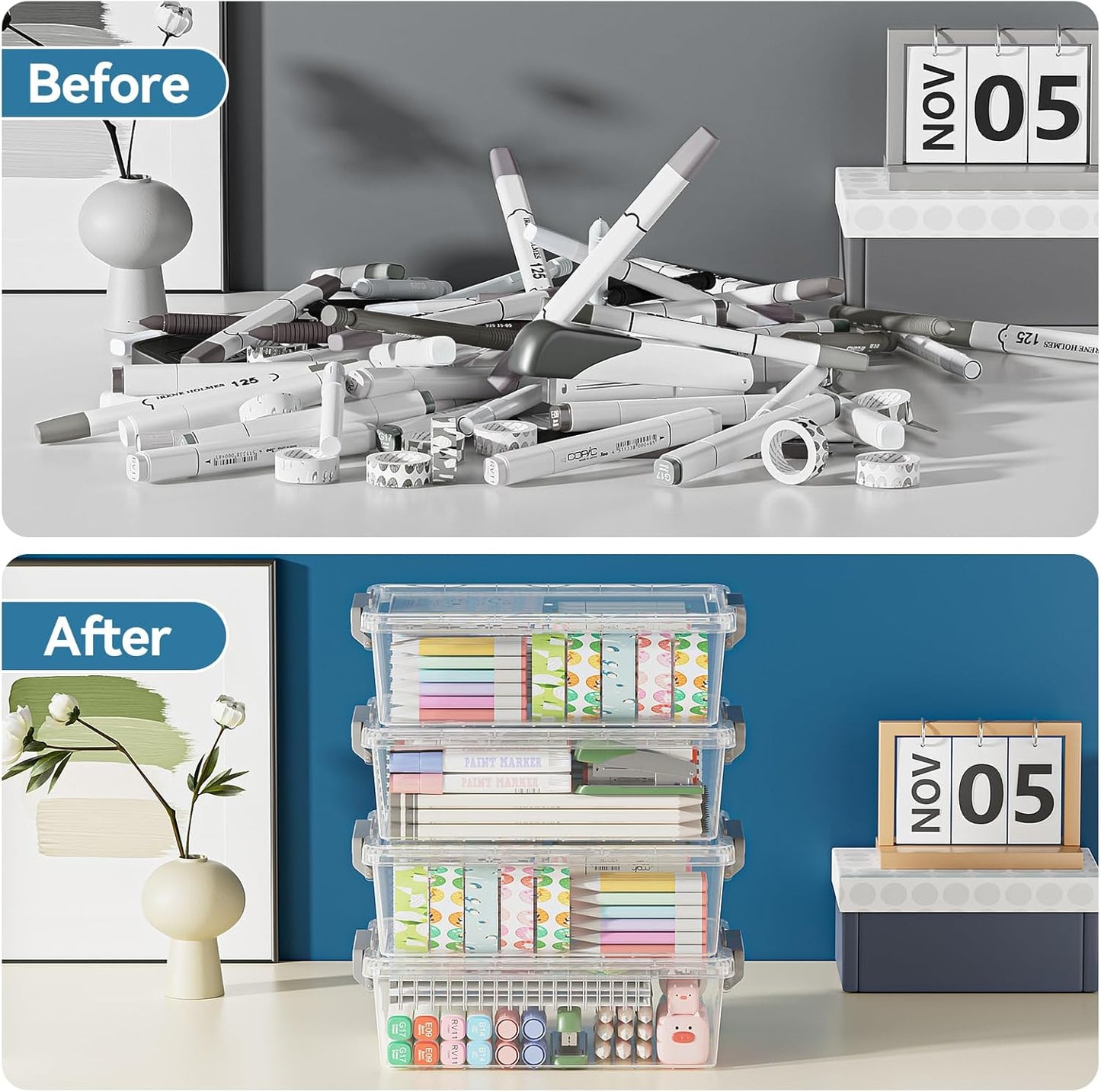 4 Pack Extra Large Pencil Box, Plastic Pencil Case Organizer, Clear Crayon Box Marker Organizer, Stackable Craft Organizers and Storage for Pen, Craft, Art Supply(Black)