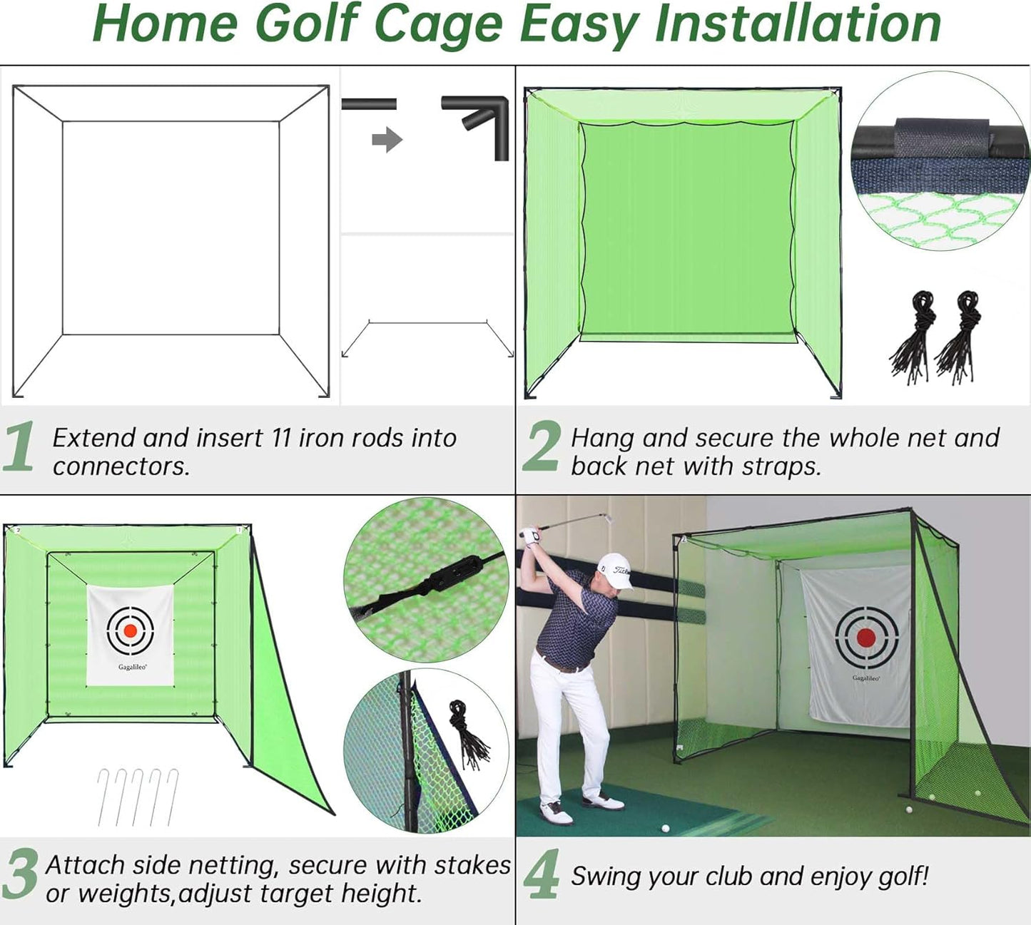 Gagalileo Golf Cage Net with Steel Frame and Target: 7X7X7FT Heavy Duty Practice Net for Backyard Driving & Indoor Driving Range Outdoor Training